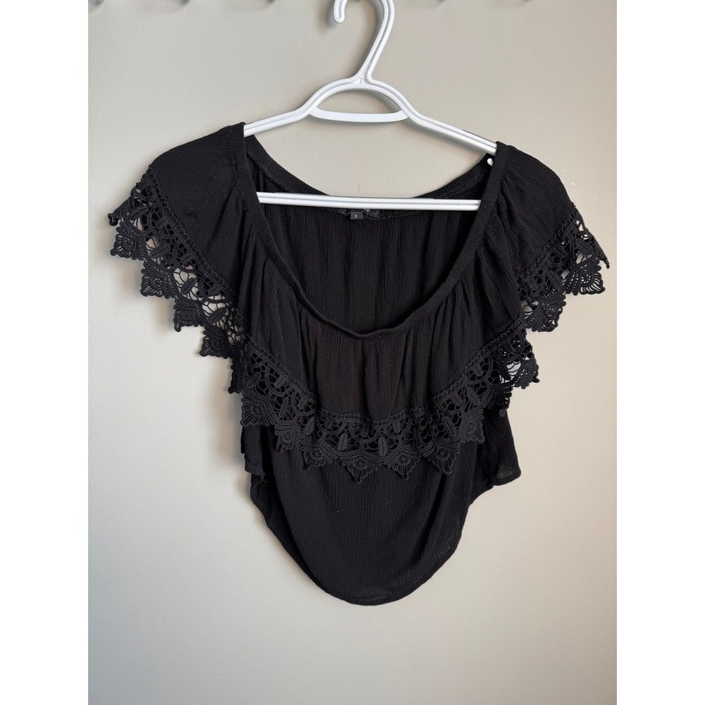 Ambiance Crochet Trim Off Shoulder Ruffle Crop Top Black‎ Womens Size Small Boho